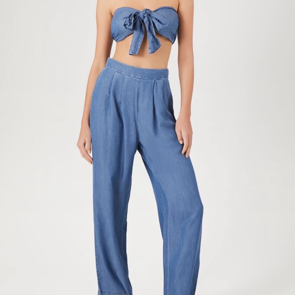 Lulus Tie Front Crop Top and Chambray Pants Set
